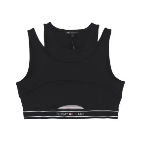 Top Donna Crop Logo Taping Cut Out Tank Black