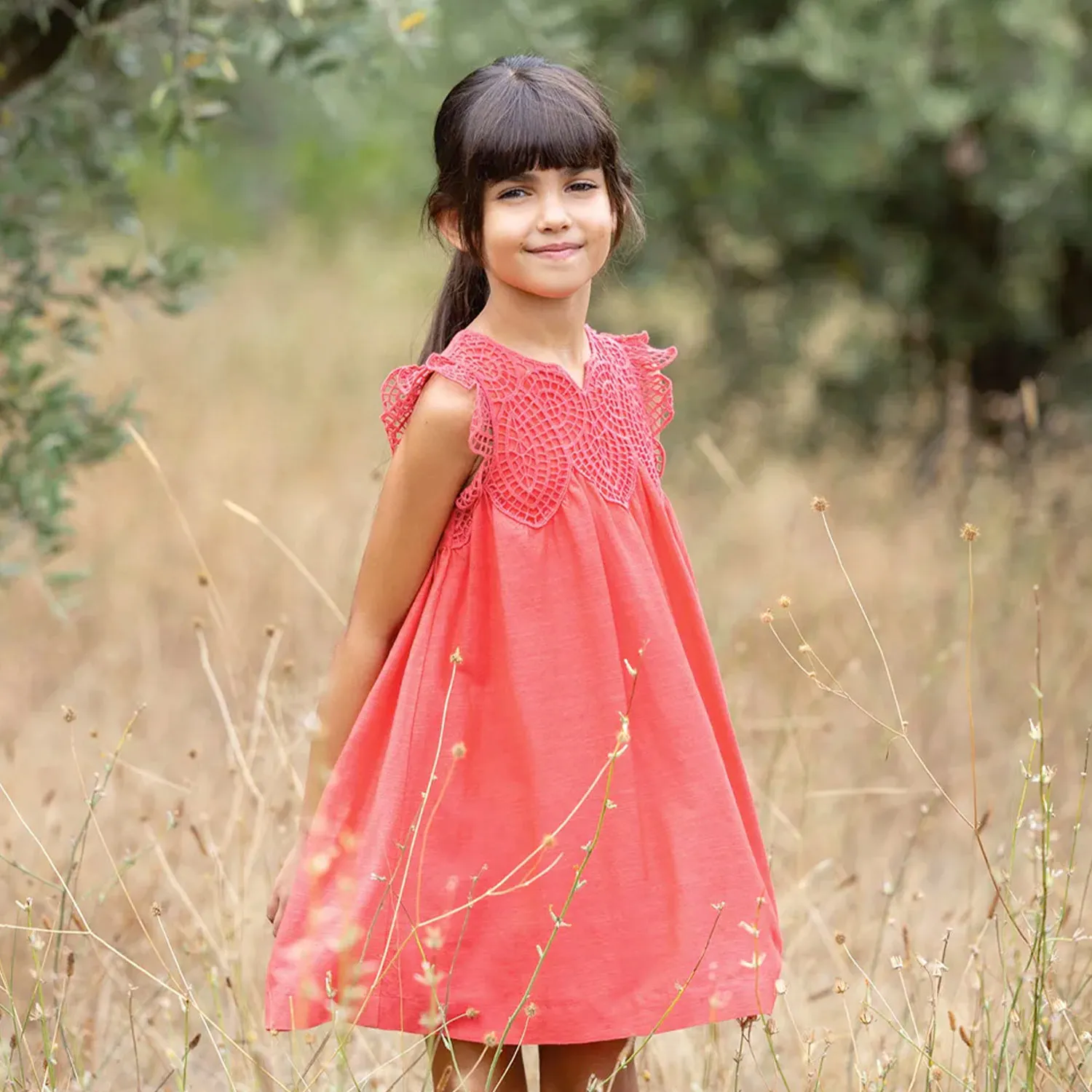 Vestito Rosso In Cotone Con Ricamo Per Bambina